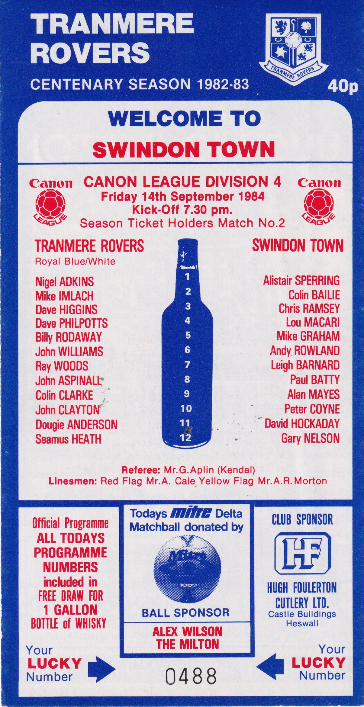 Tranmere Rovers v Swindon Town match programme